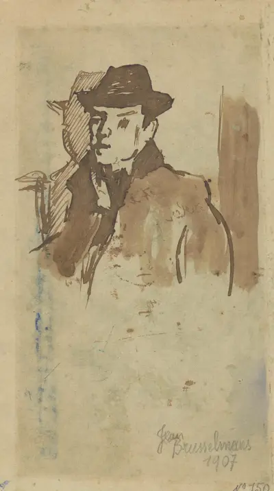 Bust-length portrait of a man wearing a hat av Jean Brusselmans