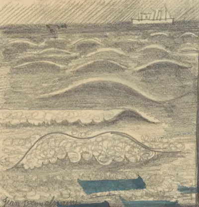 Kustlinje; våg och båt av Jean Brusselmans