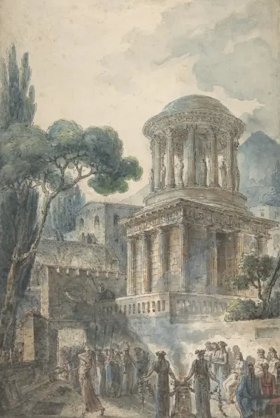 Ancient Scene with a Funeral Ceremony for an Actor av Louis Jean Desprez