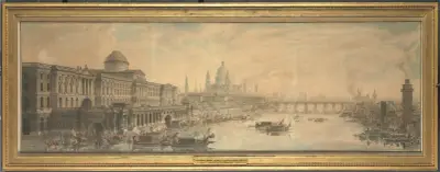 Somerset House, Saint Paul’s Cathedral and Blackfriar’s Bridge av Louis Jean Desprez