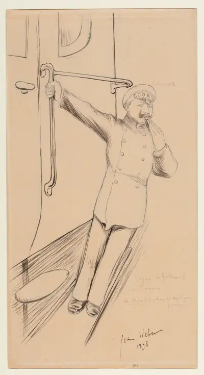 Voyage de Guillaume II en Turquie – le départ (costume de chef de gare poméranien) av Jean Veber