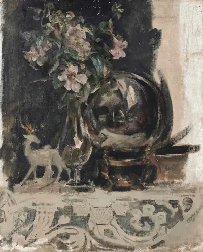 Still life of flowers, a statue and a globe on a mantelpiece av James Jebusa Shannon