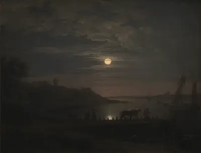 The Crossing over the Little Belt at Snoghøj. Moonrise av Jens Juel