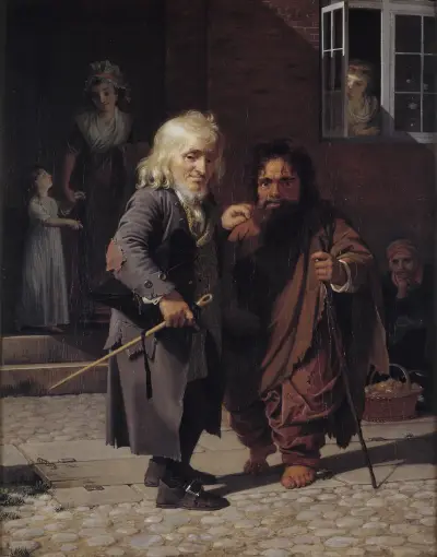 Two Dwarfs; Obligeert, a Jewish pigtail-ribbon Vendor, beside the Roman Dwarf Bajocco in one of the Streets of Copenhagen av Jens Juel