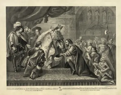 Columbus mottagande av kung Ferdinand och drottning Isabella av Spanien efter hans första återkomst från Amerika av Henry Jerome Schile