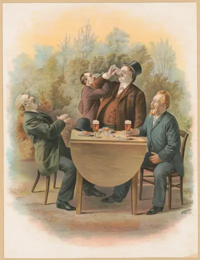 Czterej panowie przy stole na świeżym powietrzu, delektujący się jedzeniem i napojami, 1892 – nr 1, Henry Jerome Schile