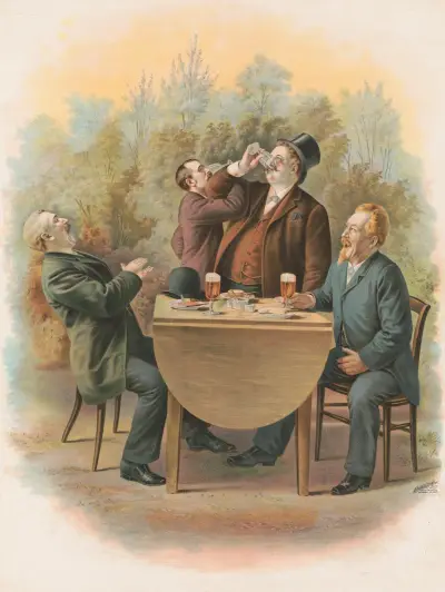 Fyra herrar vid ett bord utomhus, njutande mat och dryck av Henry Jerome Schile