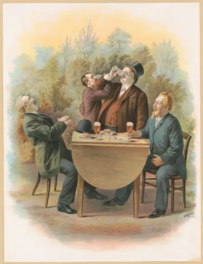 Fyra herrar som sitter vid ett bord utomhus och njuter av mat och dryck av Henry Jerome Schile