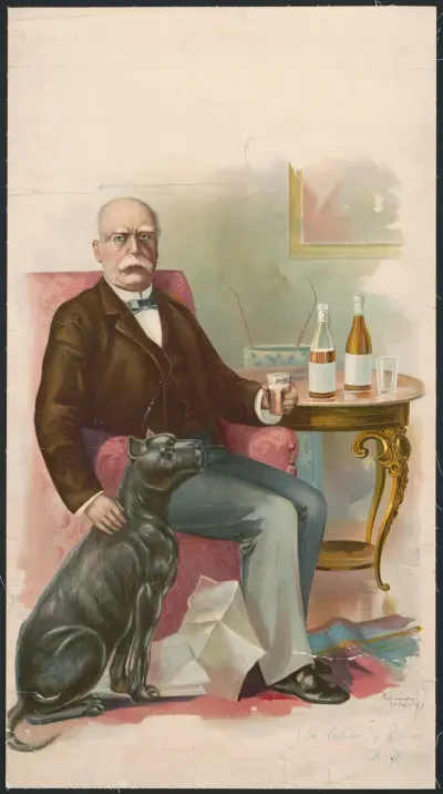Older gentleman sitting in a chair, holding a glass of beverage, with a black dog sitting next to him av Henry Jerome Schile