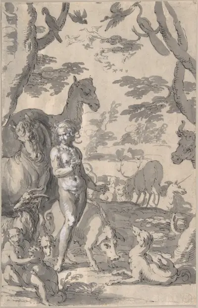 Adam in the Garden of Eden, Naming the Animals av Joachim Wtewael
