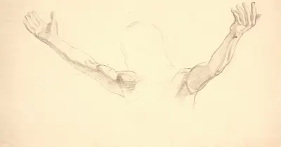 Detailfigurstudie af Kristi udbredte arme av Joakim Skovgaard