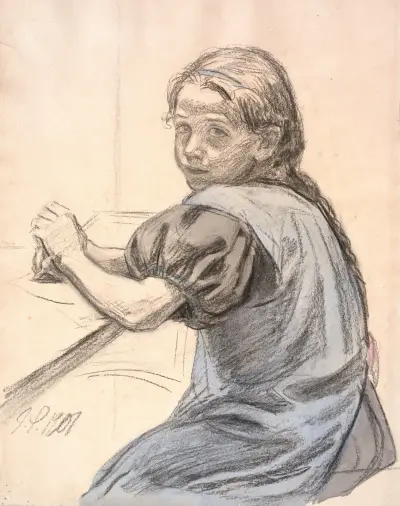 Georgia Skovgaard siddende ved et bord av Joakim Skovgaard