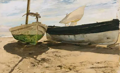 Fishing Boats On The Beach, Valencia av Joaquín Sorolla
