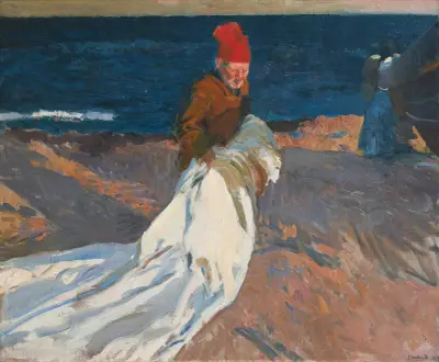 Recogiendo la vela, playa de Valencia (gathering the sail, Valencia beach) av Joaquín Sorolla