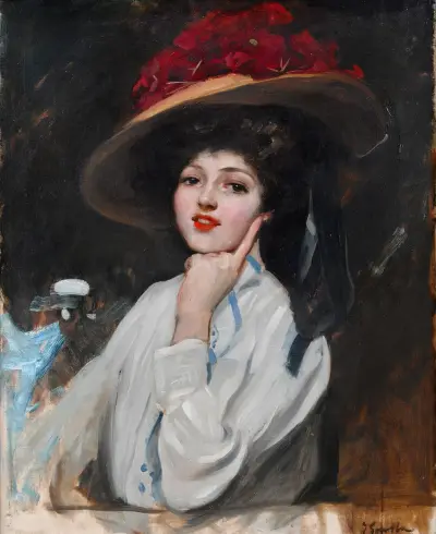 Retrato De Una Joven En Un Sombrero, Cree Que Raquel Meller av Joaquín Sorolla