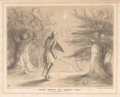 Tancred träder in i den förtrollade skogen. Ur 'Jerusalem Delivered'. Canto XIII av John Doyle