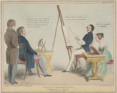 Vacation Amusements. No. 4 Cultivating the Fine Arts.— Etching, & c. or HB’s Ascendancy in danger! av John Doyle