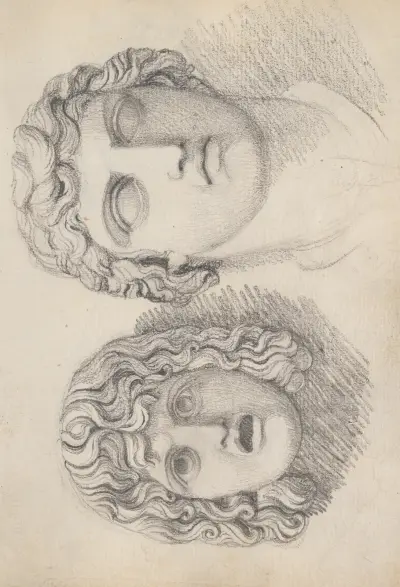 En romersk tragisk mask och ett manligt huvud av John Flaxman