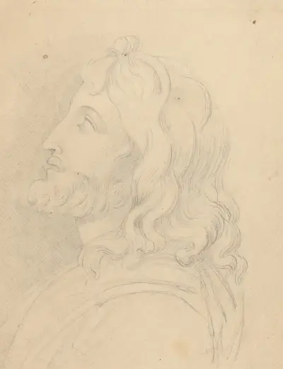 Byst av skäggig man som ser upp av John Flaxman
