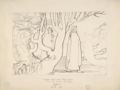 Dante och Vergilius i de självmordas skog av John Flaxman