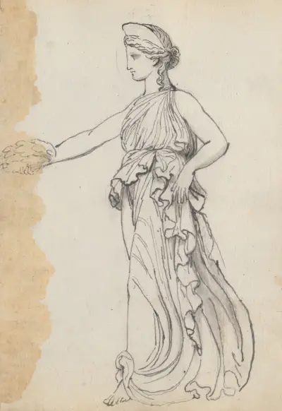 Kvinnlig segerfigur som skrider fram och håller en krans av John Flaxman