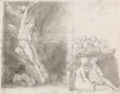 Illustration till Miltons Det förlorade paradiset; Adam och Eva bevakade av änglarna av John Flaxman