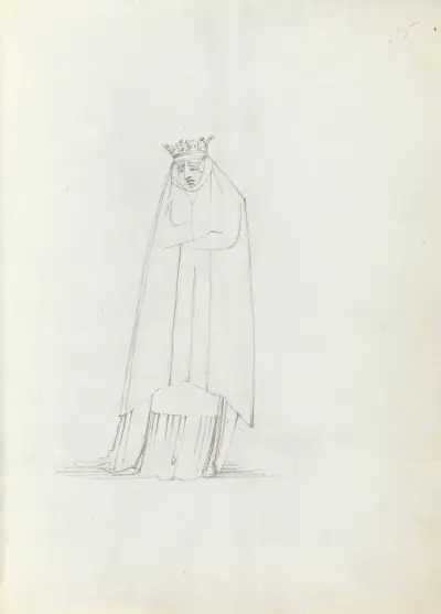 Mrs. Siddons frontalt i helfigur med nedböjt huvud och korslagda armar av John Flaxman