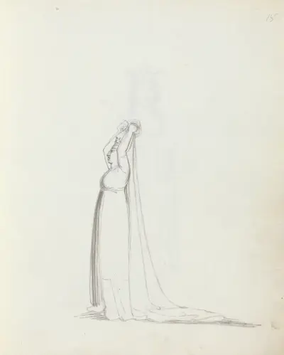 Mrs. Siddons full length profile standing with arms over her head holding a veil av John Flaxman