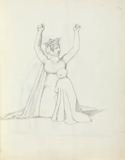 Mrs. Siddons klęcząca z rękami uniesionymi nad głową, dłonie zaciśnięte w pięści, John Flaxman