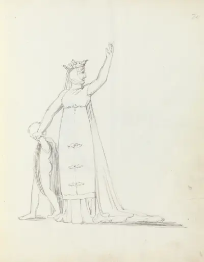 Mrs. Siddons leder ett barn vid handen med vänster arm lyft av John Flaxman
