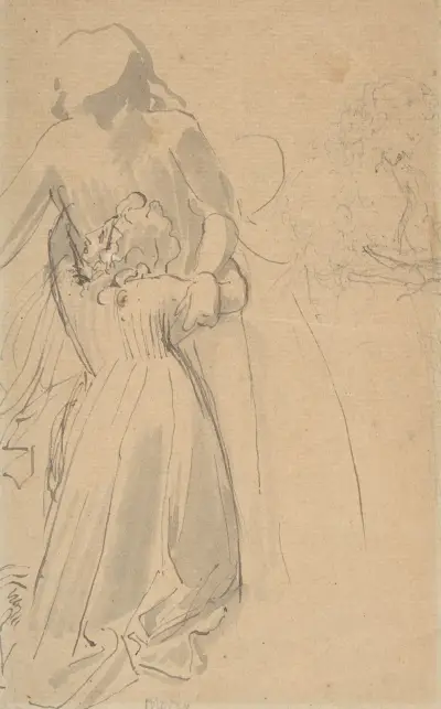 Studieblad med knäande kvinnlig figur som omfamnar stående figur av John Flaxman