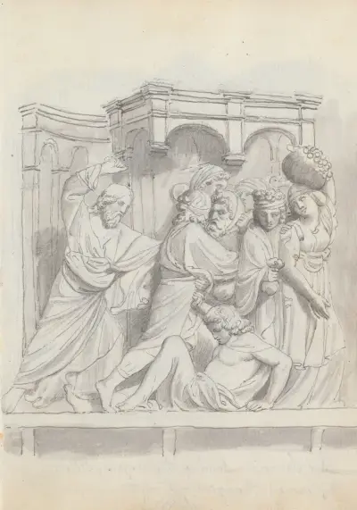 Utvisningen av penningväxlarna, från Lorenzo Ghibertis dopkapelledörrar, Florens av John Flaxman