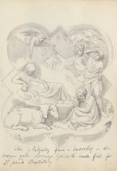 Jesu födelse, från Lorenzo Ghibertis dopfuntdörrar, Florens av John Flaxman