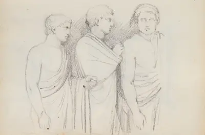 Tre manliga figurer, trekvartsfigur av John Flaxman