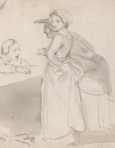 Två kvinnor samtalar med en man vid en disk av John Flaxman