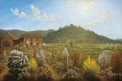 A view of the artist’s house and garden, in Mills Plains, Van Diemen’s Land av John Glover