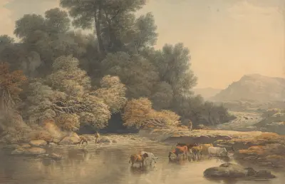 Hilly Landscape with River and Cattle av John Glover