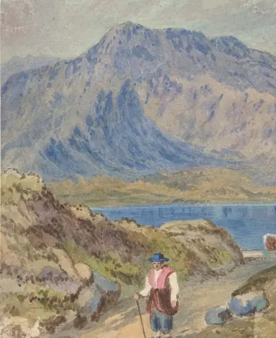 Bergslandskap med vandrare av John Leech