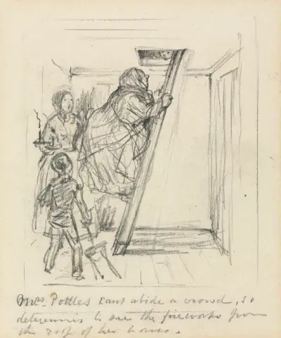 Sketch for ‘Mrs. Pottles Can’t Abide a Crowd’ av John Leech