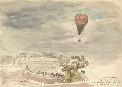 Ascent of Balloon from Burlington House, Piccadilly, from the Window at Mr. B. Palmer’s av John Linnell