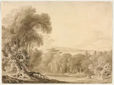 Figures Seated by a Lake in a Wooded Landscape av John Martin