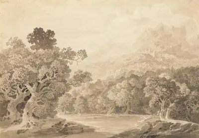 Skogsbevuxen flodbank, bergsstad och bergstoppar i fjärran av John Martin