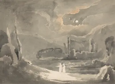 Månbelyst landskap med slottsruin av John Martin