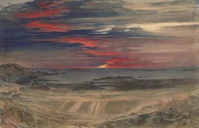 Solnedgång över en klippig vik av John Martin