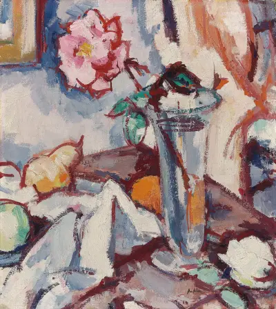 Pink rose in a glass vase with fruit av Samuel John Peploe