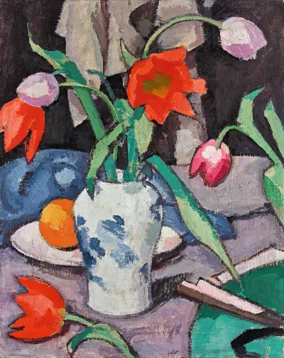 Still Life With Tulips And Fan av Samuel John Peploe