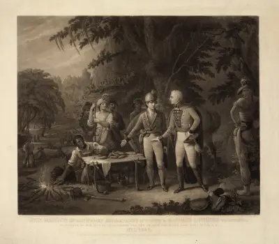 Gen. Marion in his swamp encampment inviting a British officer to dinner av John Sartain