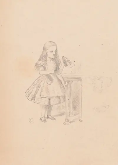 Drawing of Alice finds a bottle labelled ‘Drink Me’ av Sir John Tenniel