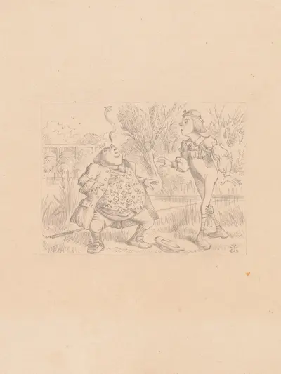 Drawing of Father William balancing an eel on the end of his nose av Sir John Tenniel