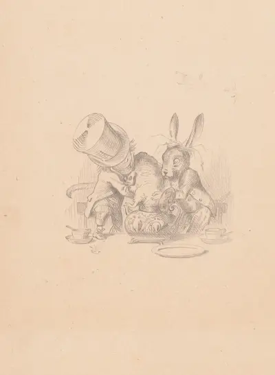 Drawing of Hatter and March Hare putting dormouse in teapot av Sir John Tenniel
